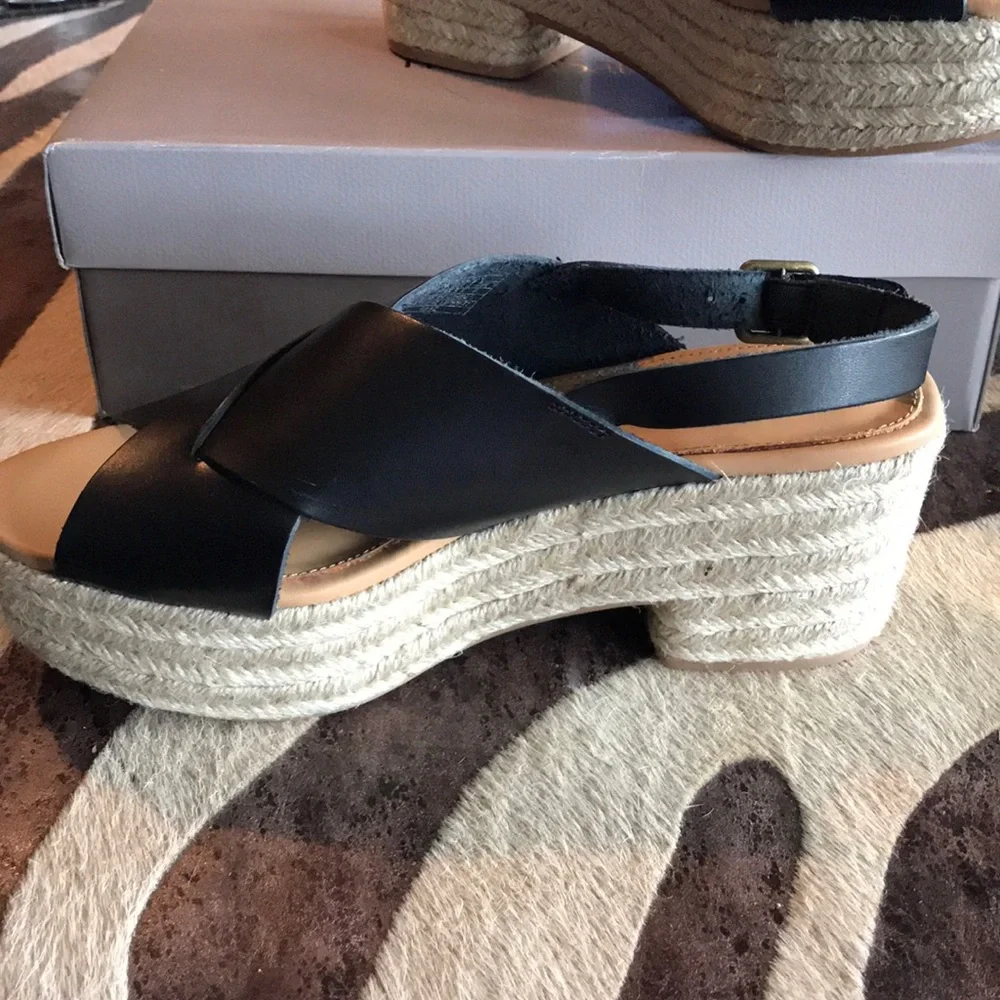 Soludos Amalfi Black Leather Espadrille Platforms